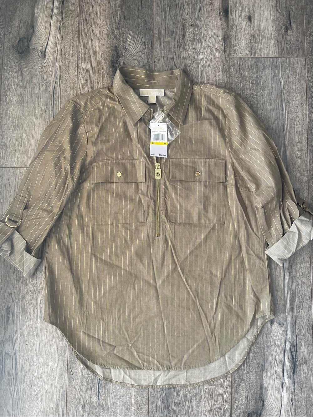 Michael Kors Safari green Top with Gold Pinstripes - Picture 6 of 14